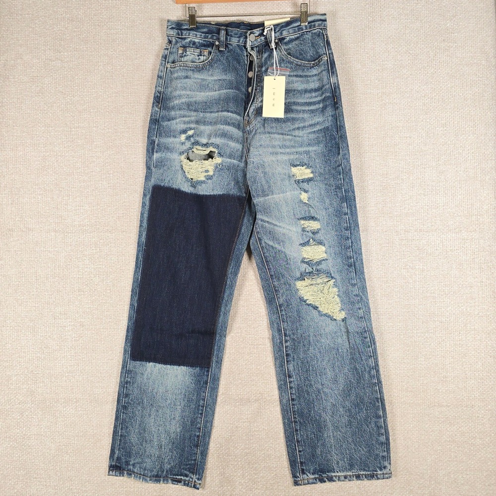 MNML Ultra Baggy One Knee Thrashed Denim Blue Distressed Jeans M2024-D626-BLU-29